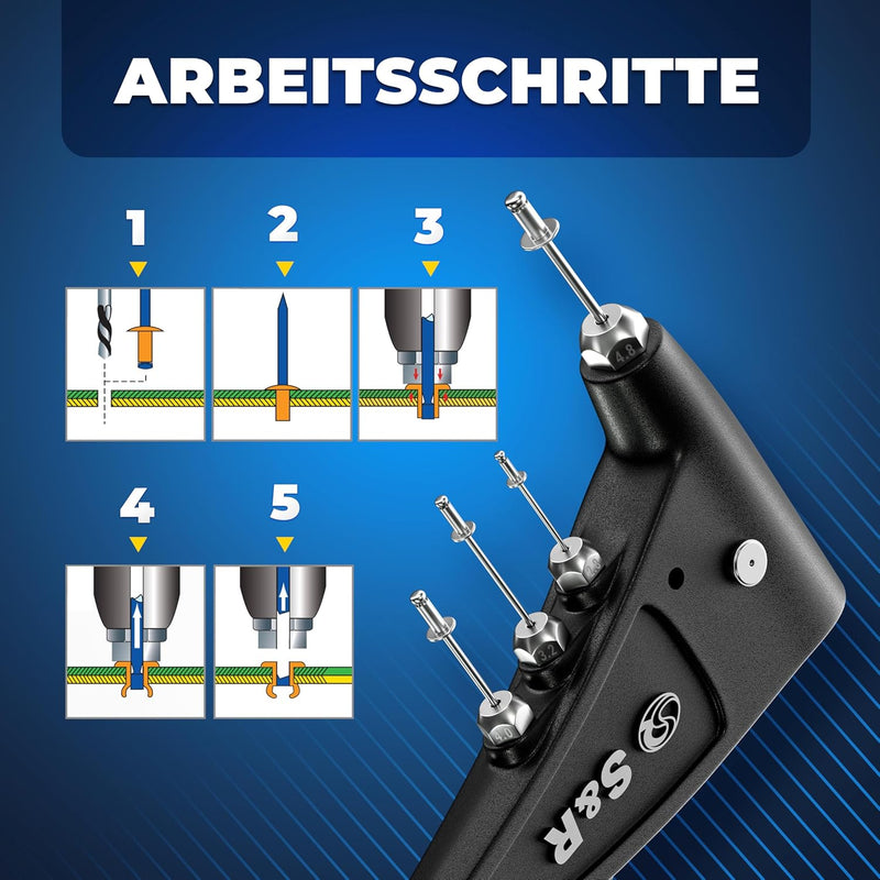 S&R Blindnietzangen-Set mit 60 Nieten: 2,4 mm, 3,0/3,2 mm, 4,0 mm, 4,8/5,0 mm Nietzange Set mit Zang