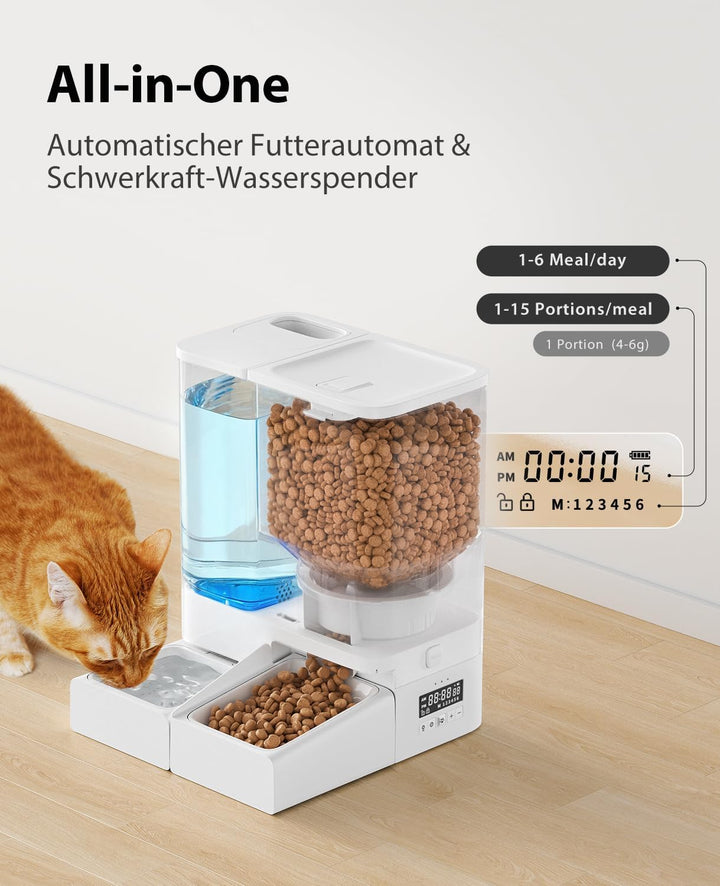Futterautomat Katze und Katzenbrunnen 2-in-1, 5L Automatischer Futterspender Hunde mit Programmierba