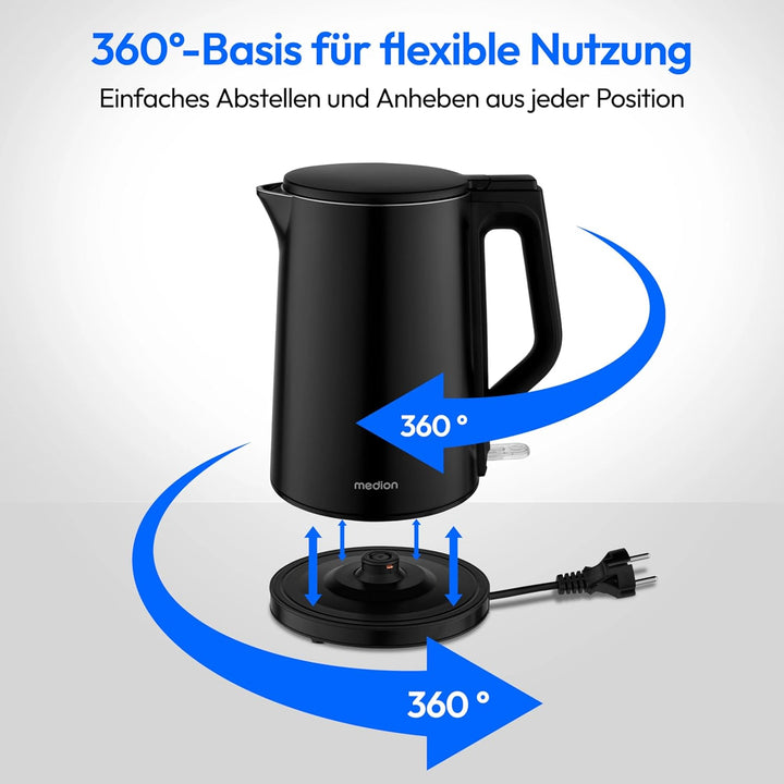 MEDION Wasserkocher Edelstahl (1,5 Liter, 2.200 Watt, 360° Basis, Warmhaltefunktion, LED Betriebsanz
