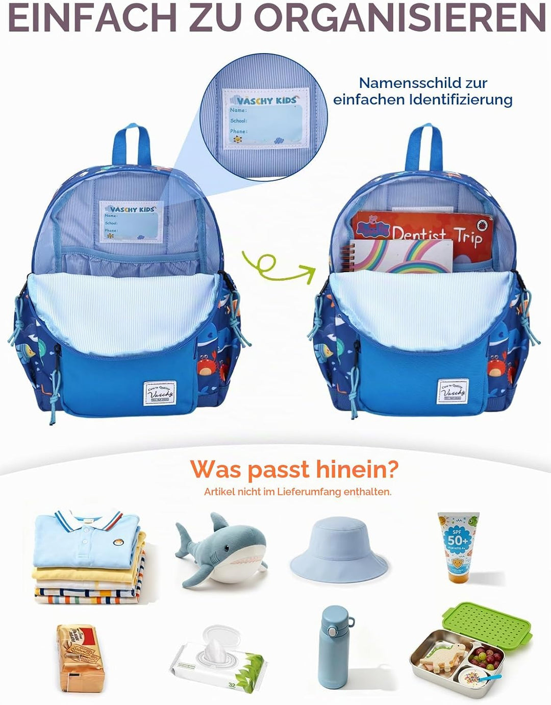 VASCHY Kinderrucksack, leicht, Schulranzen, Mädchen, Jungen, Grundschule, Kindergarten, 4 – 6 Jahre,