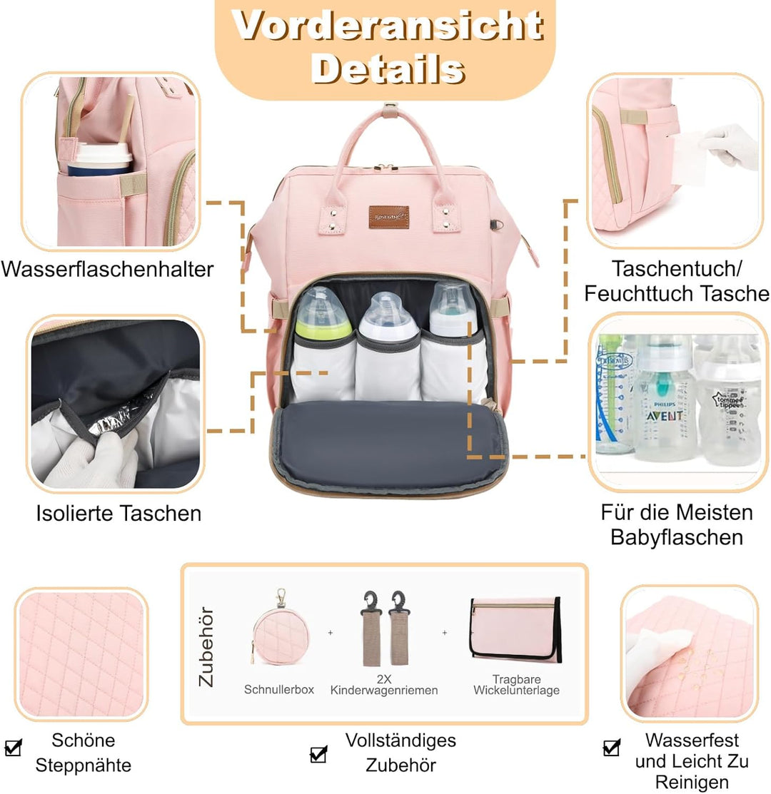 Wickelrucksack Gross - Baby Wickeltasche Rucksack Wasserdicht &amp; Leicht mit Wickelunterlage, Schnulle