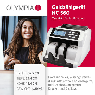 Olympia NC 560 Geldzähler (für Scheine, Echtheitsprüfung, Additionsfunktion, LCD-Display, Geldzähl-M