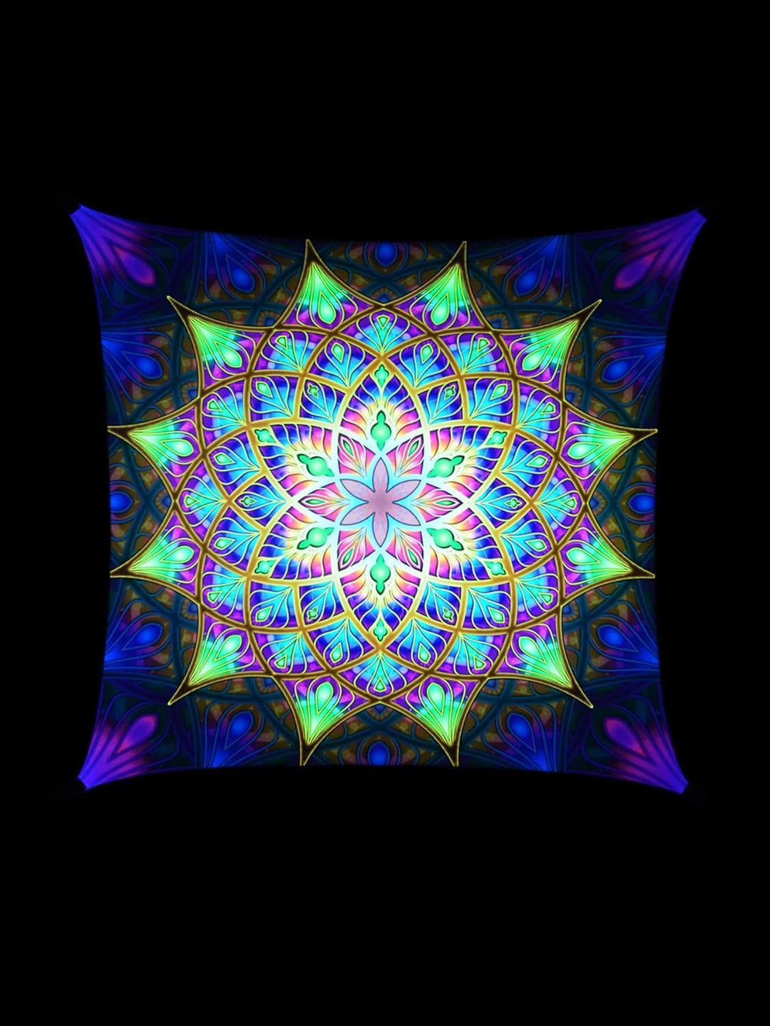 PSYWORK Schwarzlicht Segel Spandex | Backdrop Neon Sacred Church | 2,25 x 2,25m | UV-aktiv | Leuchte