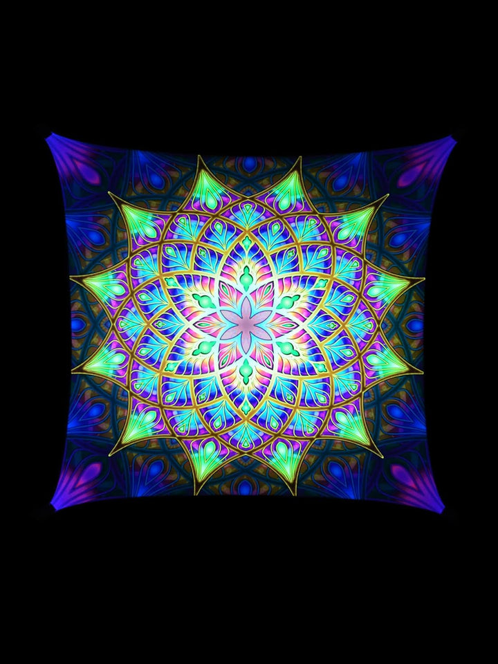 PSYWORK Schwarzlicht Segel Spandex | Backdrop Neon Sacred Church | 2,25 x 2,25m | UV-aktiv | Leuchte