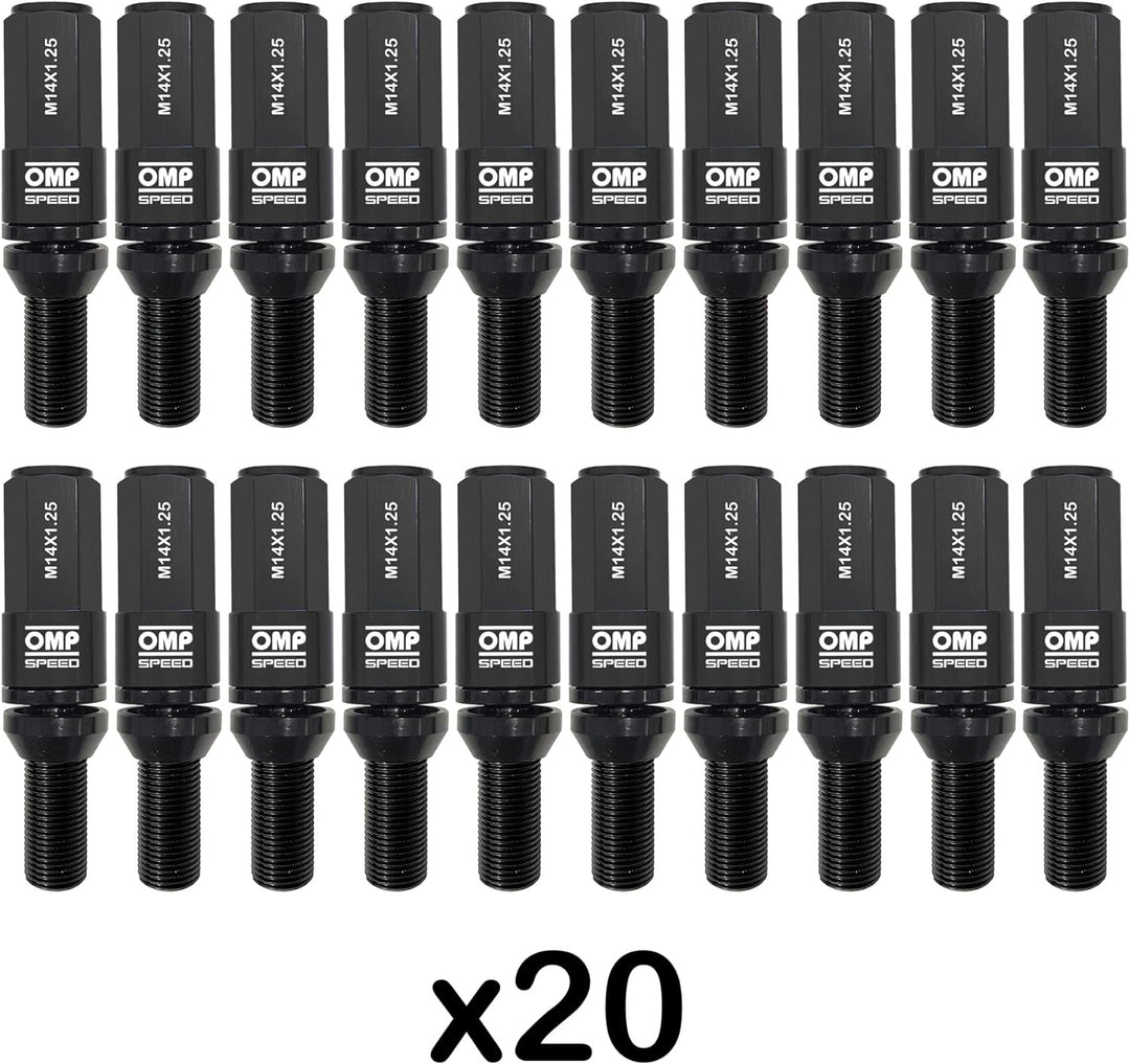 Omp SPEED Set 20 Radschrauben schwarz mit metrischer M14X1.25 Schlüssel 17-19 lang Gewinde 28 mm mit