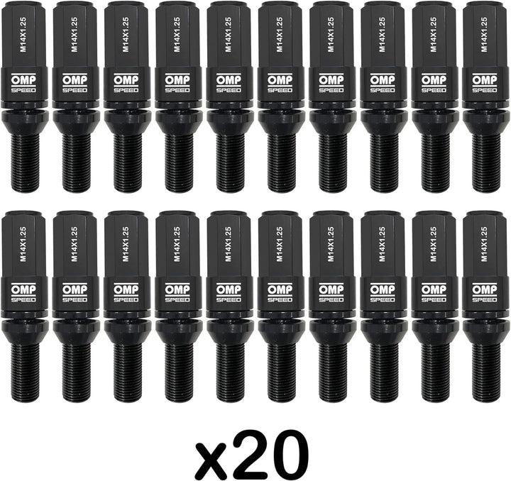 Omp SPEED Set 20 Radschrauben schwarz mit metrischer M14X1.25 Schlüssel 17-19 lang Gewinde 28 mm mit