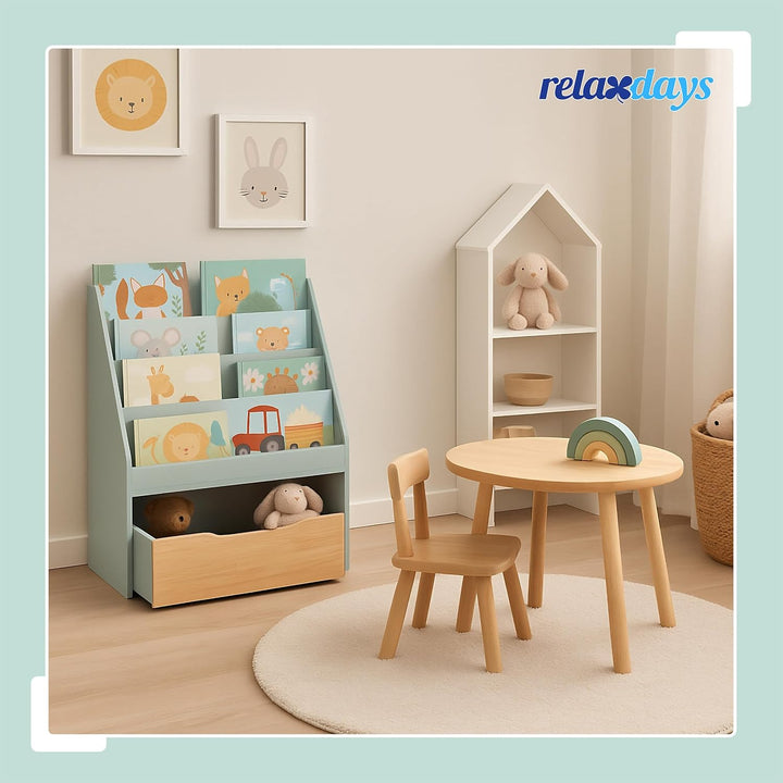Relaxdays Bücherregal Kinder, HxBxT: 80x60x30 cm, 4 Bücherfächer, Spielzeugkiste mit Rollen, Kinderr
