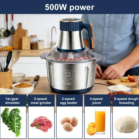 Zerkleinerer Küche Elektrisch 500W, 5L Edelstahl Zerkleinerer mit 5 Geschwindigkeiten Einstellbar fü