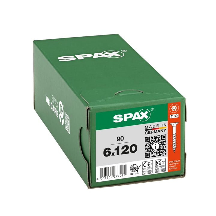 SPAX Universalschraube, 6 x 120 mm, 90 Stück, Teilgewinde, Senkkopf, T-STAR plus T30, 4CUT, WIROX A9