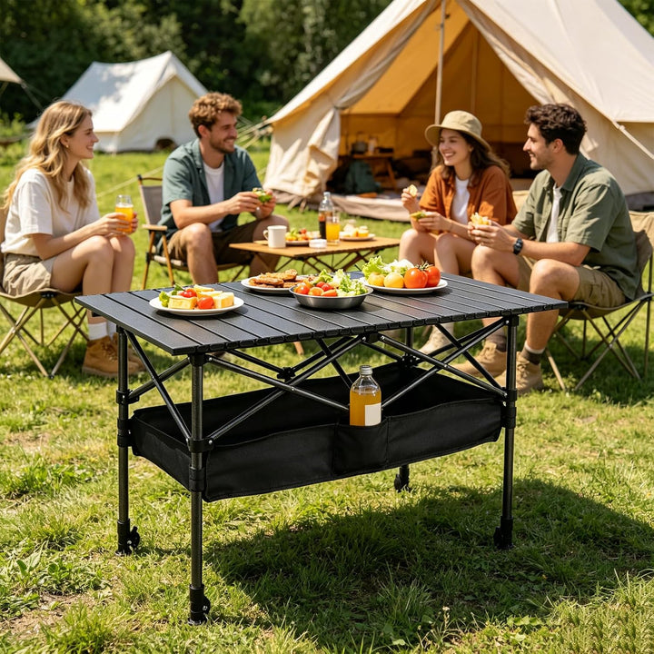 Campingtisch Klappbar, Klapptisch Höhenverstellbar, 95x55cm Camping Falttisch mit Ablagenetz, Tasche