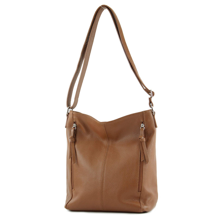 modamoda de - T195 - ital Umhängetasche Schultertasche aus Leder Cognac, Cognac