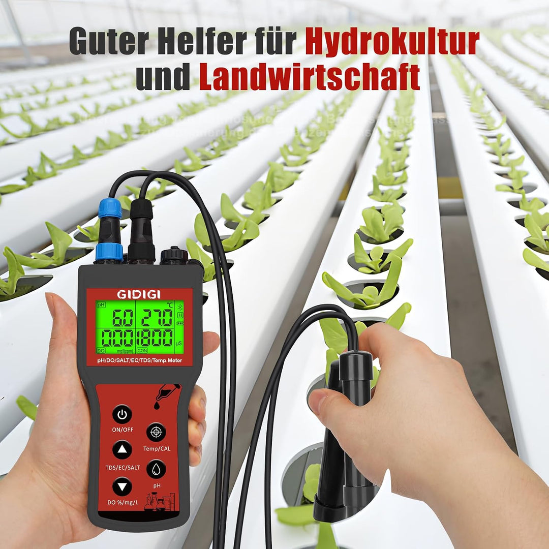 6-in-1 Smart-Gerät zur Messung von gelöstem Sauerstoff | pH-Wert, Salzgehalt, TDS und EC auch für Hy