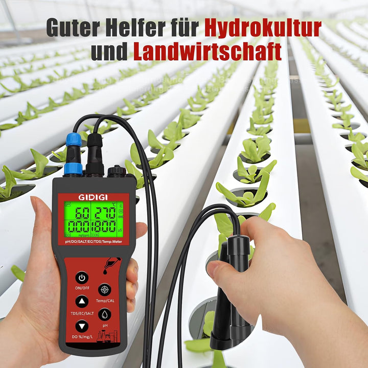 6-in-1 Smart-Gerät zur Messung von gelöstem Sauerstoff | pH-Wert, Salzgehalt, TDS und EC auch für Hy