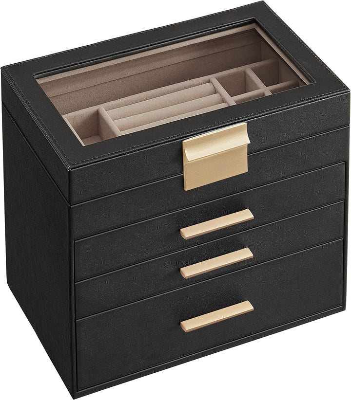 SONGMICS Schmuckkästchen, Schmuckkasten mit 4 Ebenen, Schmuckbox mit Glasdeckel, 3 Schubladen, für S