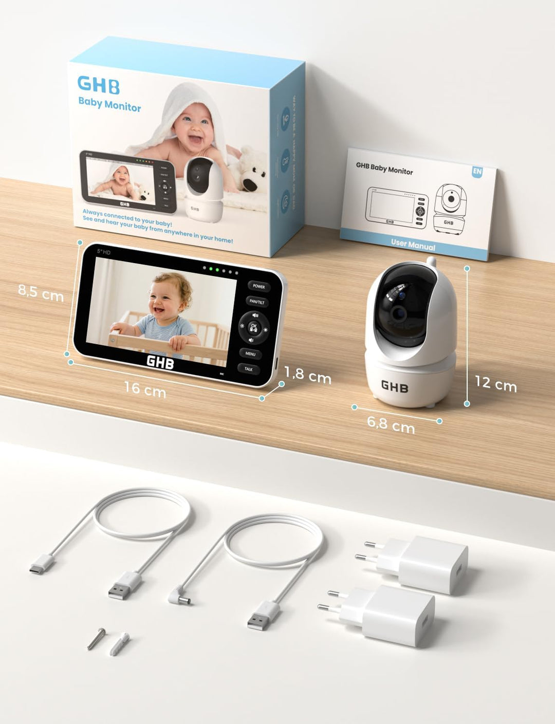 GHB Babyphone mit Kamera 5 Zoll LCD Display Babyphone Kamera VOX-Modus Gegensprechen Nachtsicht Temp