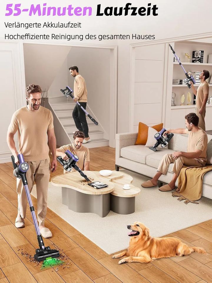 Akku Staubsauger 48KPa/500W/55Min Laufzeit, Staubsauger Kabellos mit Wandmontierter Ladestation, Sel