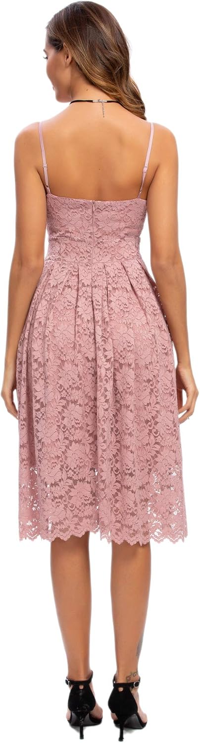 Atnlewhi Damen Vintage ärmellosen V-Ausschnitt A-Linie Kleid Blumen Knielang Spitzenkleid Brautjungf