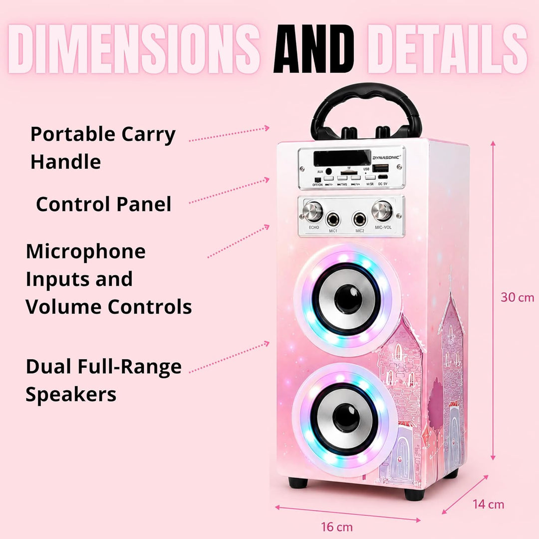 DYNASONIC Karaoke mit 2 Mikrofonen, tragbarer Karaoke-Maschine, Bluetooth-Lautsprecher, USB- und SD-