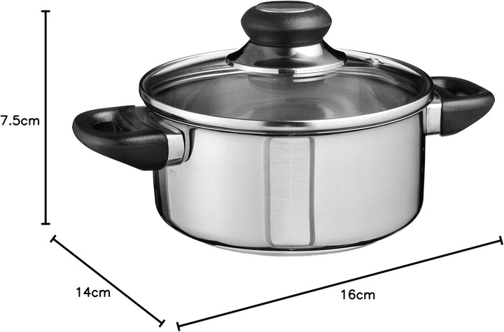 Edelstahl Kochtopf mit Glas Deckel und Messskala - 16 cm - Braten Topf mit Dunstloch für alle Herdar