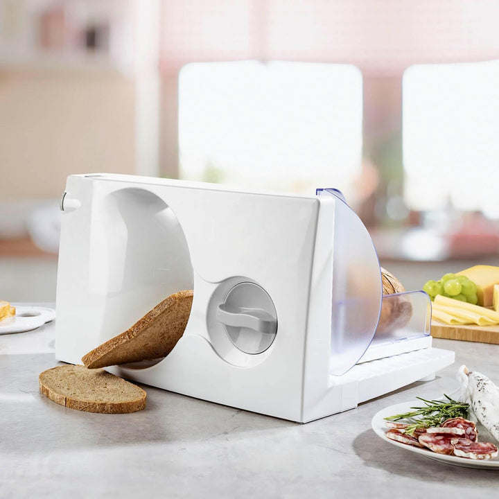 GOURMETmaxx Allesschneider 150W Weiss | Elektrisch mit Edelstahl-Klinge & Fingerschutz | Für Brot, W