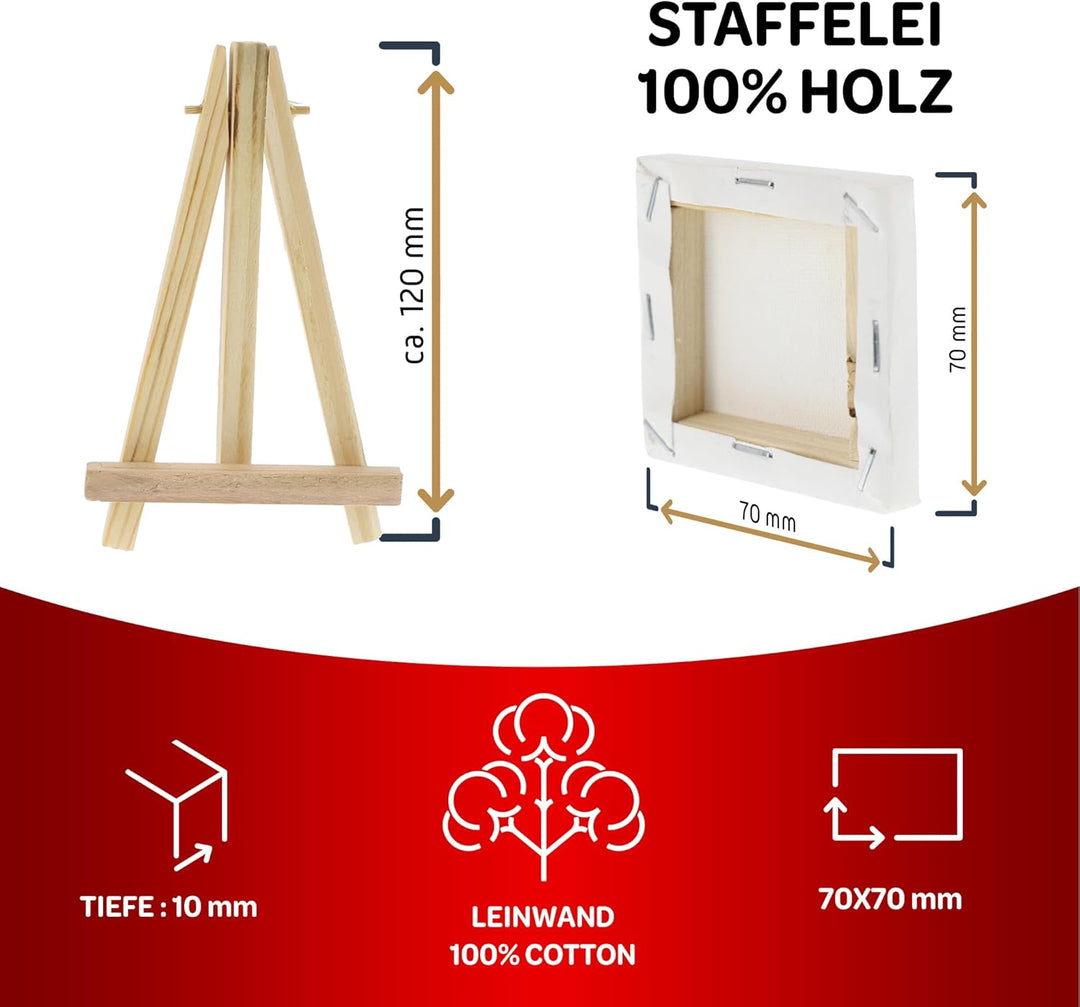 Mini Leinwand mit Staffelei Set, 24 Stück, Keilrahmen Leinwand, perfekt zum Malen und Basteln, geeig