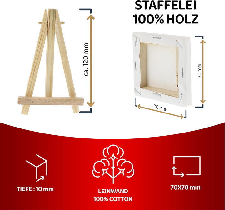 Mini Leinwand mit Staffelei Set, 24 Stück, Keilrahmen Leinwand, perfekt zum Malen und Basteln, geeig