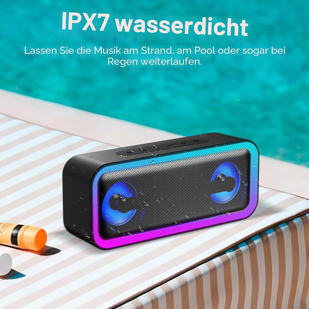 IKT Bluetooth Lautsprecher mit Licht, Musikbox Bluetooth 5.4, 30W Stereo Bass Boost, IPX7 Wasserdich