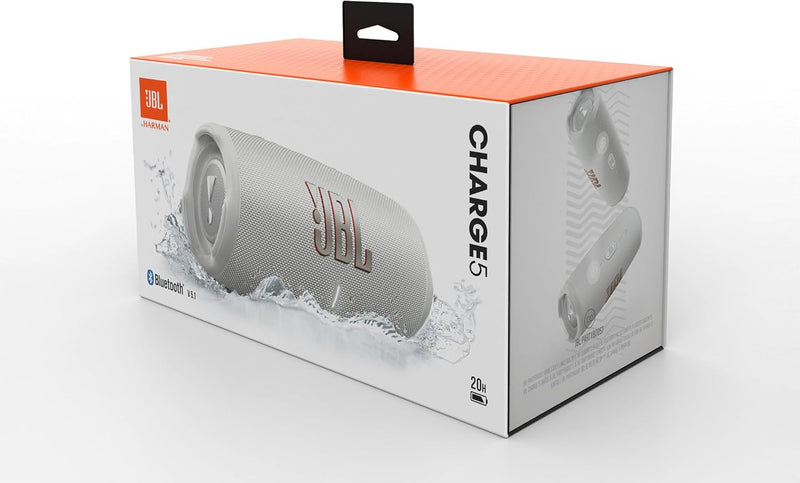 JBL Charge 5 Bluetooth-Lautsprecher in Weiss – Wasserfeste, portable Boombox mit integrierter Powerb