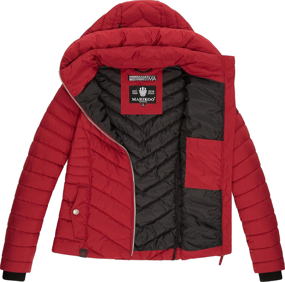 MARIKOO Damen Übergangsjacke leichte Steppjacke kurz mit Abnehmbarer Kapuze Kagomee XS-XXL S Dark Re