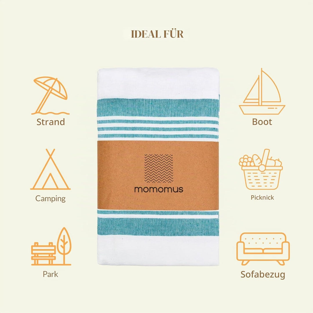 MOMOMUS Stranddecke XXL 210 x 240 cm, Grosse Picknickdecke, Meeresgrün | Strandtuch XXL zum Ausbreit