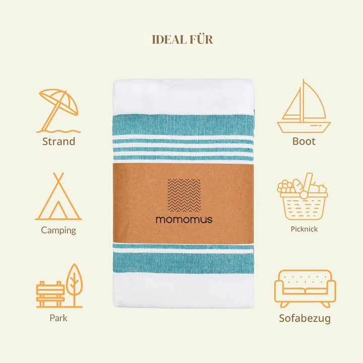 MOMOMUS Stranddecke XXL 210 x 240 cm, Grosse Picknickdecke, Meeresgrün | Strandtuch XXL zum Ausbreit
