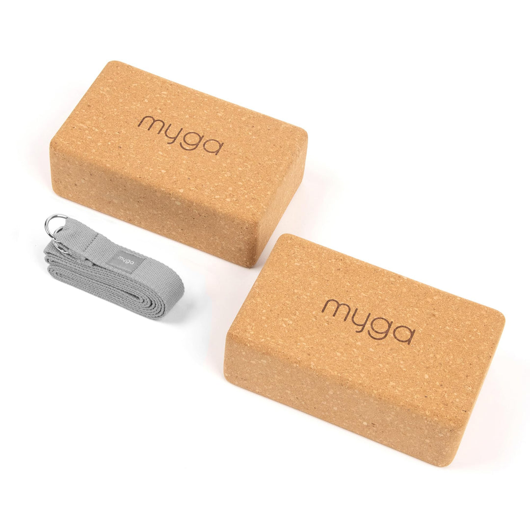 Myga Kork Yoga Zubehör Set | 2 Rutschfeste Kork Yoga Blöcke &amp; Verstellbarer Yoga Gurt | Perfekt für