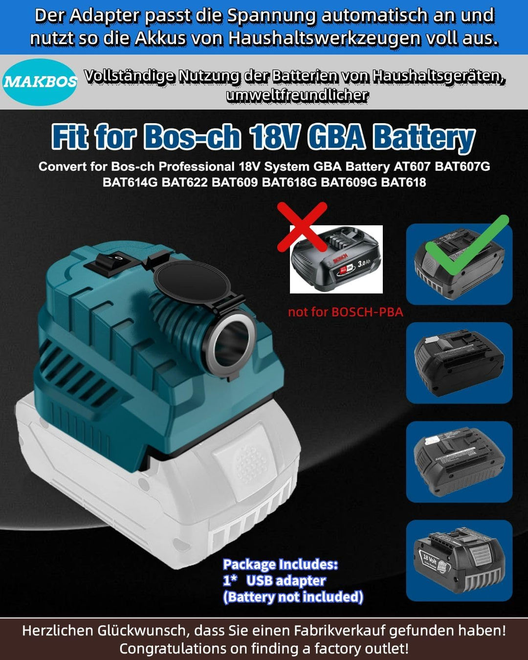 Step Down Konverter für Bosch 18V auf12V Abwärtswandler Power Wheel GBA Batterie Adapter,USB Type-C