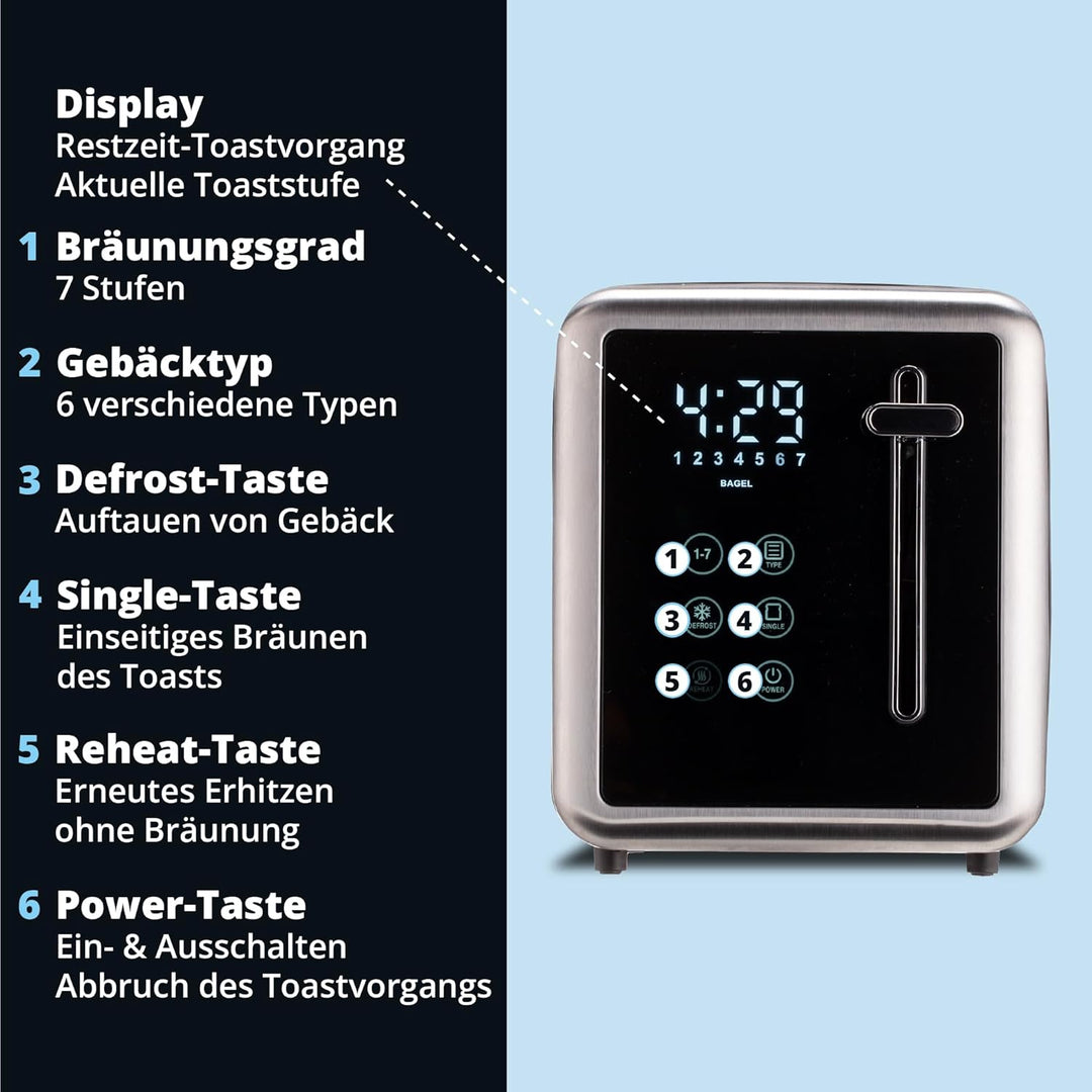 KHG - Toaster 2 Scheiben Edelstahl Touchpanel 850 W - Brötchenaufsatz, 7 Bräunungsstufen, 6 Programm