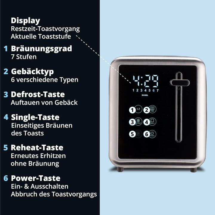 KHG - Toaster 2 Scheiben Edelstahl Touchpanel 850 W - Brötchenaufsatz, 7 Bräunungsstufen, 6 Programm