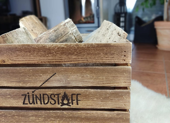 Rustikale KAMINHOLZKISTE mit Griffen"Zündstoff" Kaminholzkorb aus Holz Brennholzträger Vintage Kiste