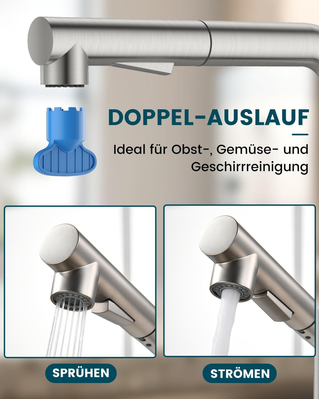 DAYONE Niederdruck Wasserhahn Küche mit Brause Ausziehbar, Küchenarmatur mit 3 Anschlüssen für Boile