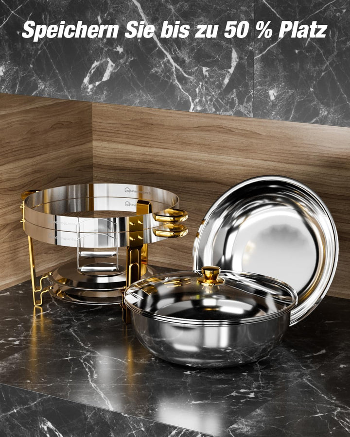 WARMOUNTS Silber & Gold Chafing Dish Buffet 5L 2er Set, Rund Speisenwärmer für Catering mit Glasdeck
