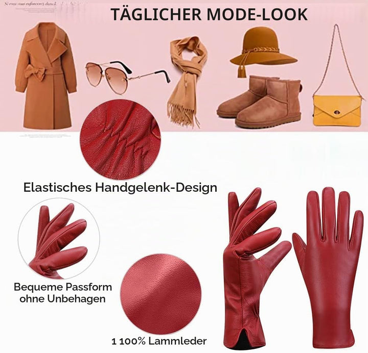 MGGMOKAY Damen Lederhandschuhe Kaschmir gefüttert XXL Rot (Touchscreen, Innenfutter aus Kaschmir), X