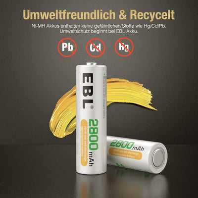 EBL Akku AA Mignon 2800mAh 16 Stück - wiederaufladbare Batterien AA, hohe Ladezyklen, geringe Selbst