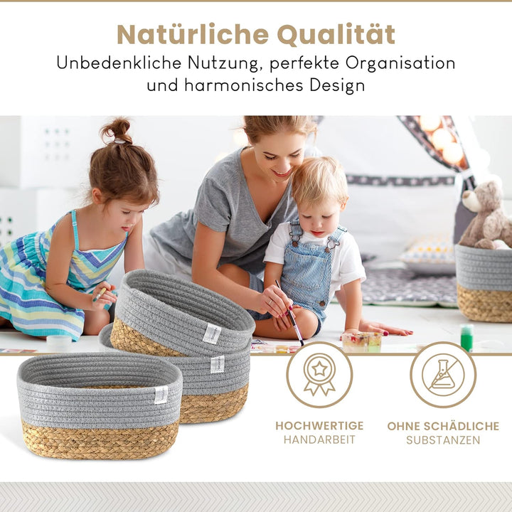 NORDIS DESIGN Aufbewahrungskörbe 3er Set aus Wasserhyazinthe und Baumwolle, Bad Aufbewahrungskorb ge