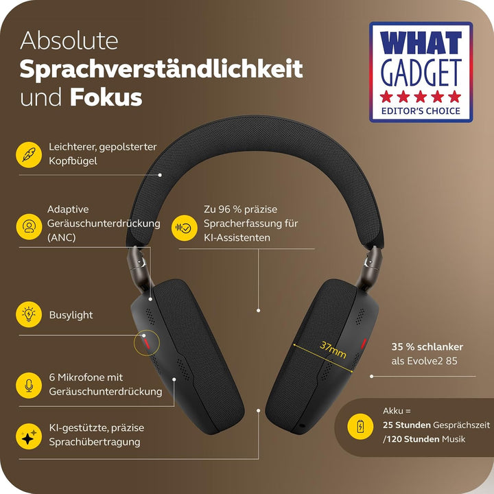 Jabra Evolve3 85 Over-Ear Bluetooth Headset kabellos mit Mikrofon &amp; Ladestation für Büro, USB-A, KI-