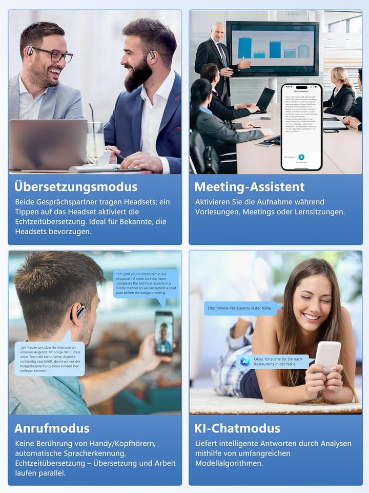 KI Kopfhörer Übersetzer in Echtzeit 4-in-1: Sprachübersetzer Kopfhörer 164 Sprachen 7 Modi mit APP -