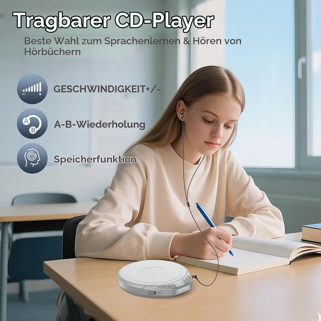 Gueray CD Player Tragbar Kinder Tragbarer CD-Player fürs Auto Discman mit Kopfhörer LCD-Display Unte