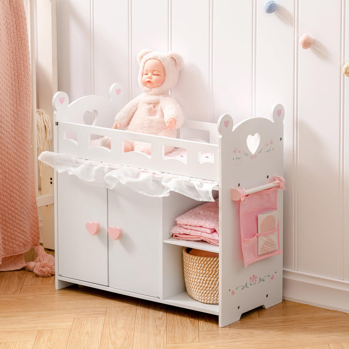 ROBUD Puppenbett mit Kleiderschrank – Holz Spielmöbel für Puppen bis 55 cm, mit Zubehör & grossem St