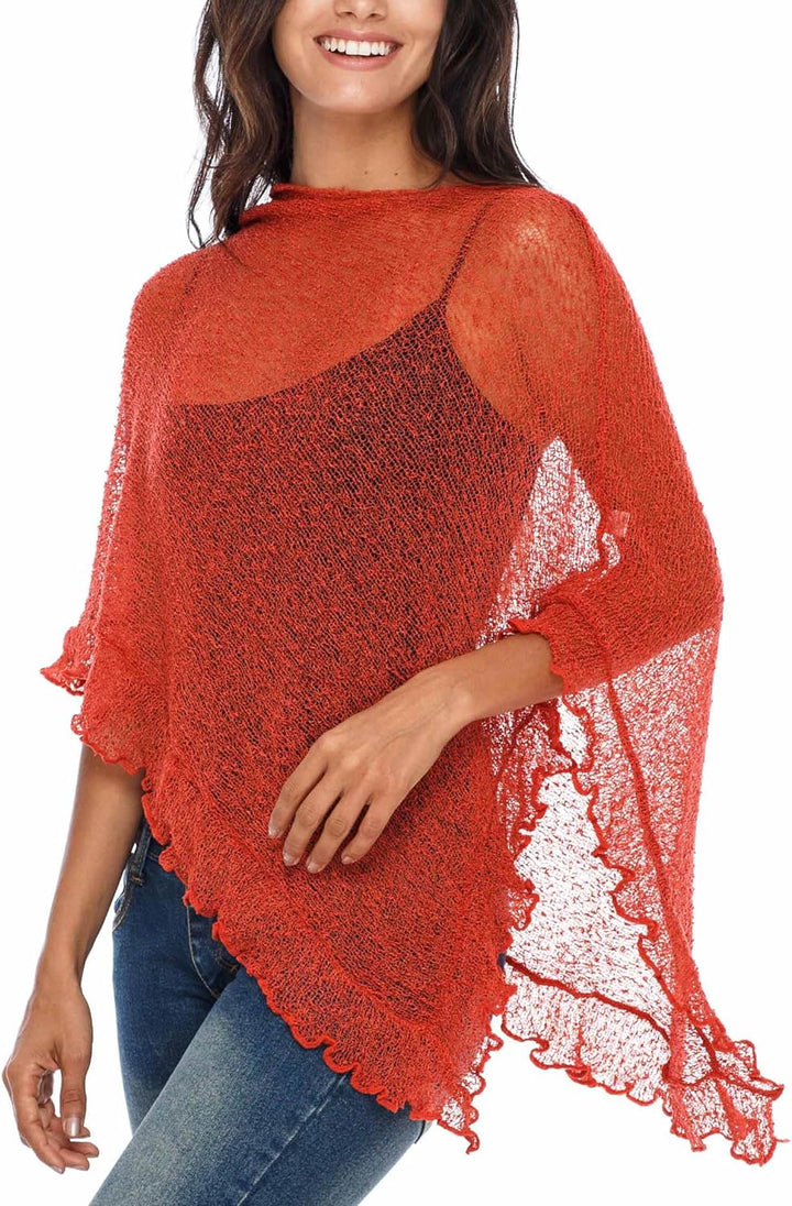 SHU-SHI - Damen Poncho-Top mit Rüschen - transparent - leichtes Strickmaterial Dunkelorange, Dunkelo