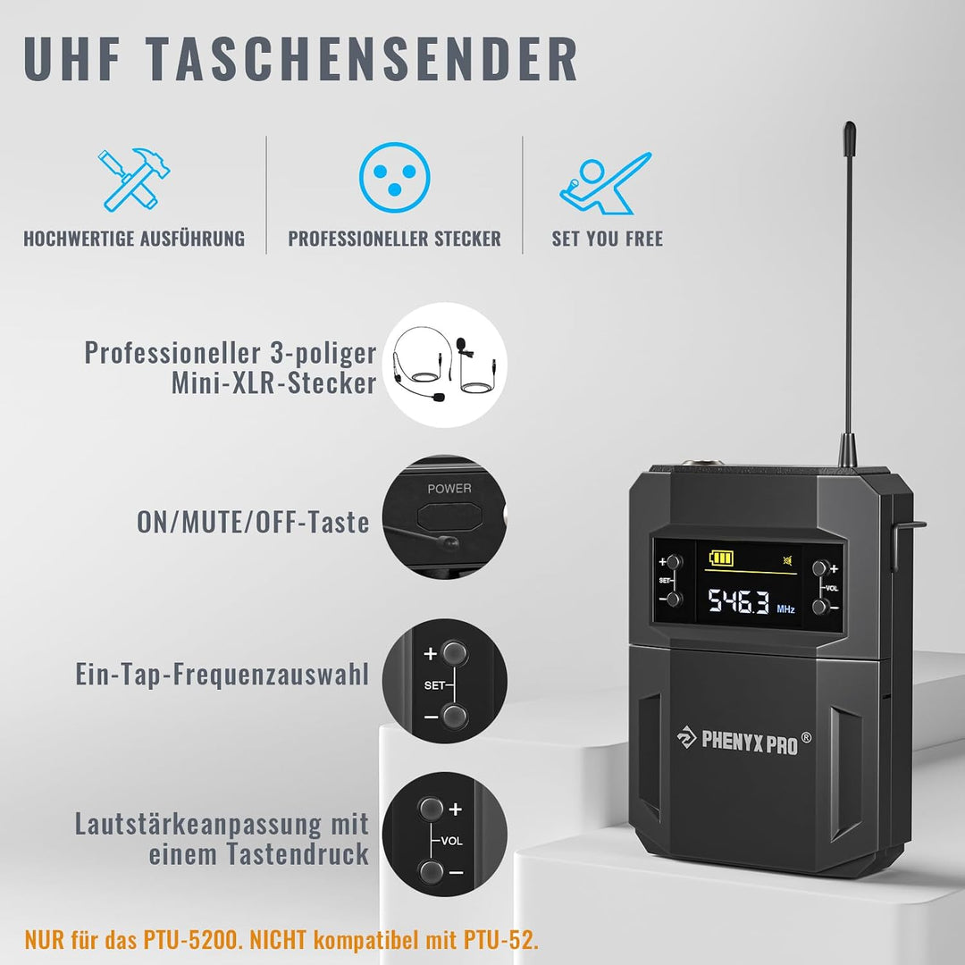 Phenyx Pro Drahtloses Mikrofonsystem, 4-Kanal-Drahtlosmikrofon-Set mit Hand-/Taschen-/Kopfbügel-/Ans