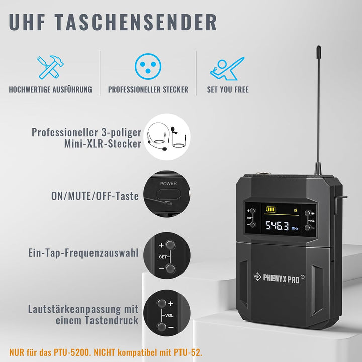 Phenyx Pro Drahtloses Mikrofonsystem, 4-Kanal-Drahtlosmikrofon-Set mit Hand-/Taschen-/Kopfbügel-/Ans