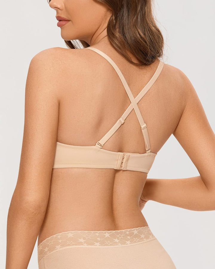 DOBREVA Damen Push Up Bügel BH Tiefer Ausschnitt Plunge Gepolstert T Shirt BHS 75E Beige, 75E Beige