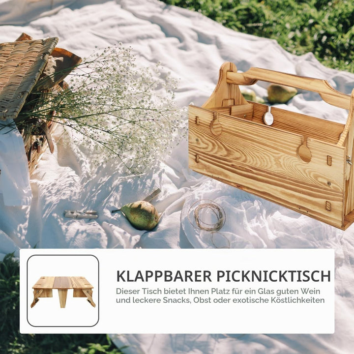 GANAZONO Klapptisch Korb Weinhalter Picknick Im Freien Picknickkorb Aus Holz Klappbarer Tisch Für De